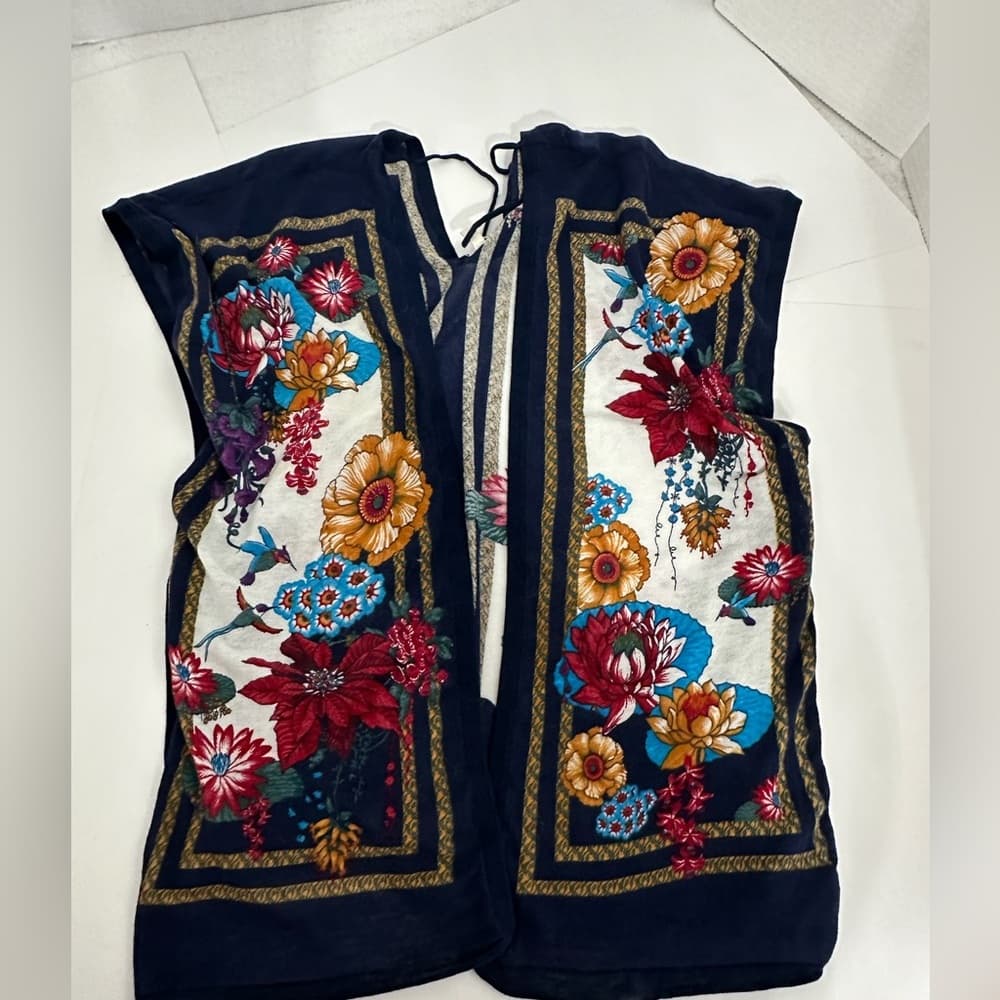 Moth for Anthropologie Navy Floral Boho Tie Scarf Print Kimono Top Size M/L - Thumbnail 9