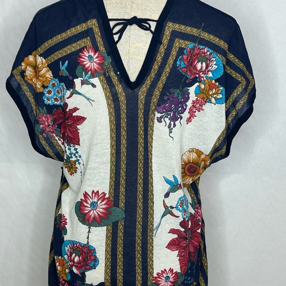 Moth for Anthropologie Navy Floral Boho Tie Scarf Print Kimono Top Size M/L - Thumbnail 14