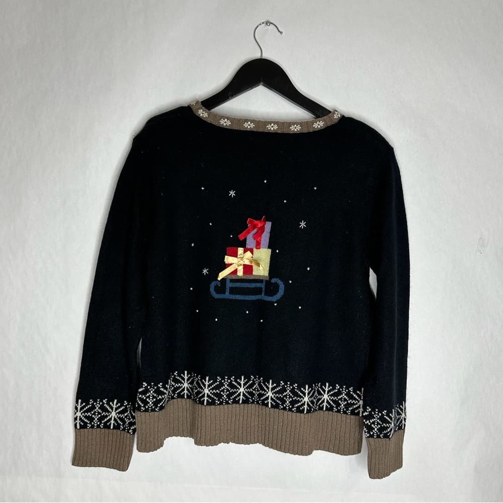 Christopher & Banks Reindeer Sleigh Embroidered Ugly Christmas Sweater Large - Thumbnail 6