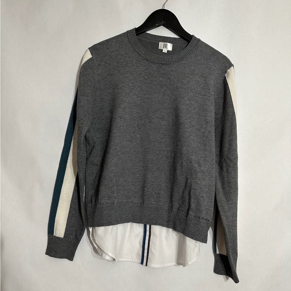YAL New York Gray Stripe Sleeve Layered Faux Shirt Hem Sweater Size Large - Thumbnail 4