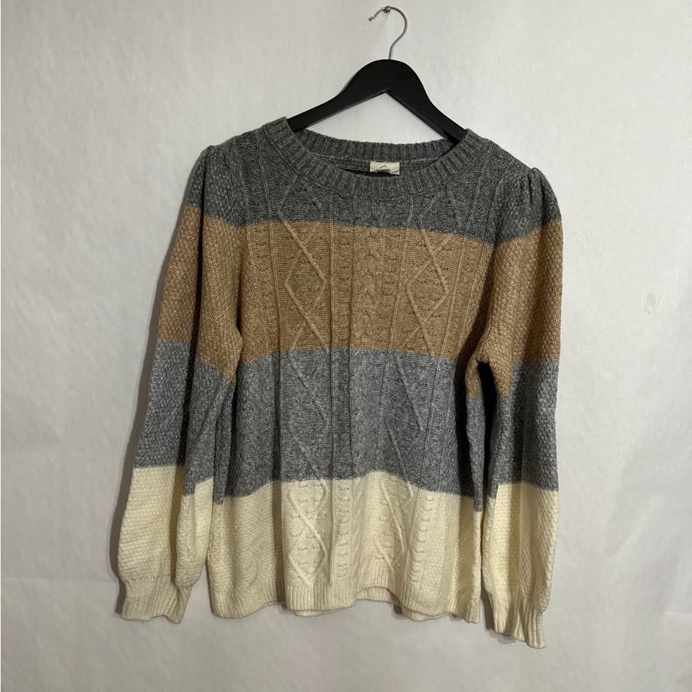 St Johns Bay Neutral Colorblock Cable Knit Sweater Size XL Cozy Classic Fall - Thumbnail 6