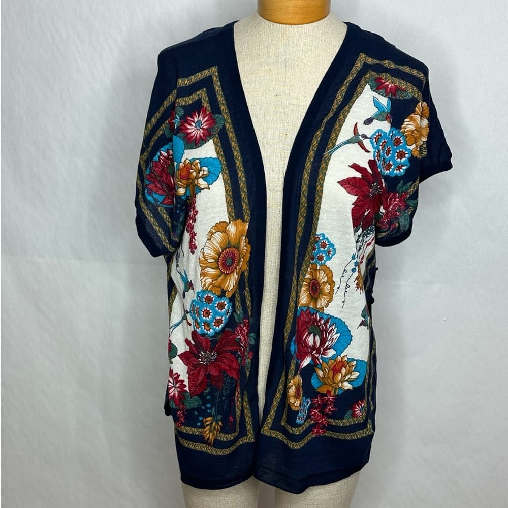 Moth for Anthropologie Navy Floral Boho Tie Scarf Print Kimono Top Size M/L - Thumbnail 12
