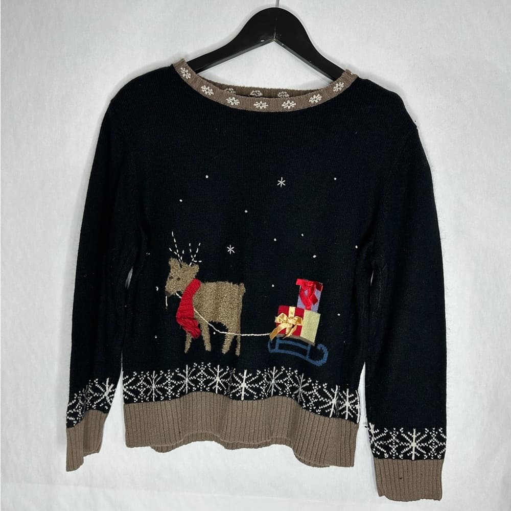 Christopher & Banks Reindeer Sleigh Embroidered Ugly Christmas Sweater Large - Thumbnail 2