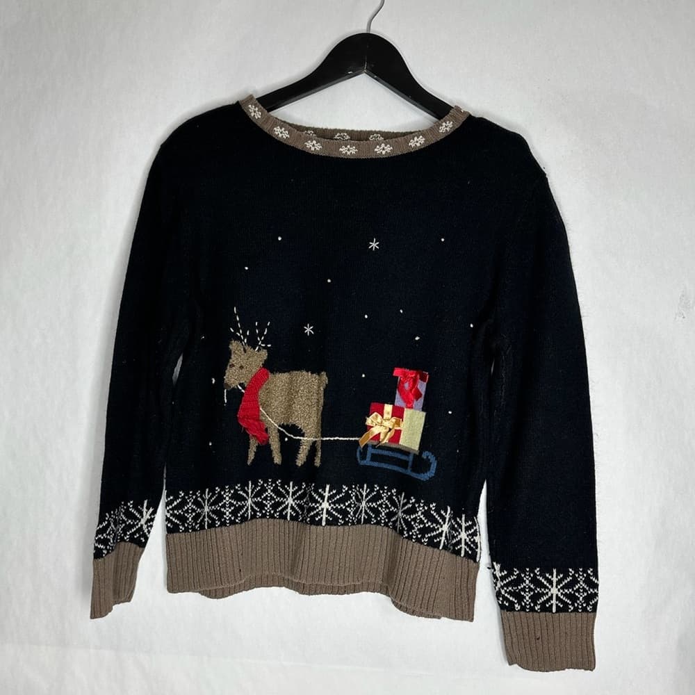 Christopher & Banks Reindeer Sleigh Embroidered Ugly Christmas Sweater Large - Thumbnail 10