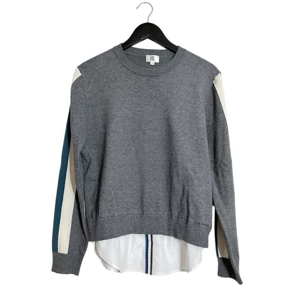 YAL New York Gray Stripe Sleeve Layered Faux Shirt Hem Sweater Size Large - Thumbnail 8