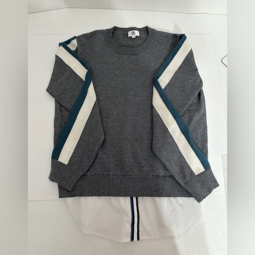 YAL New York Gray Stripe Sleeve Layered Faux Shirt Hem Sweater Size Large - Thumbnail 3