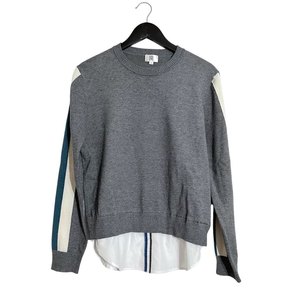 YAL New York Gray Stripe Sleeve Layered Faux Shirt Hem Sweater Size Large - Thumbnail 7