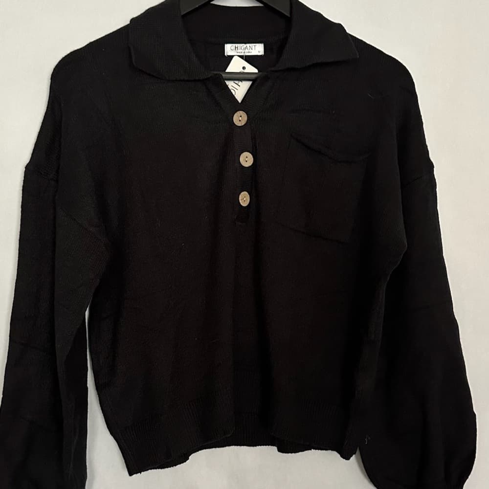 NWT Chigant Black Long Sleeve Collared Button Polo Sweater Size Medium - Thumbnail 6