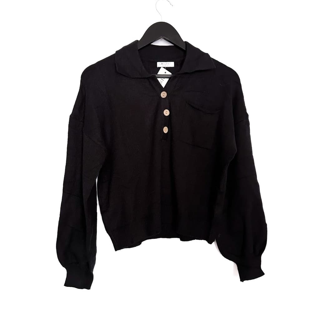 NWT Chigant Black Long Sleeve Collared Button Polo Sweater Size Medium - Thumbnail 5