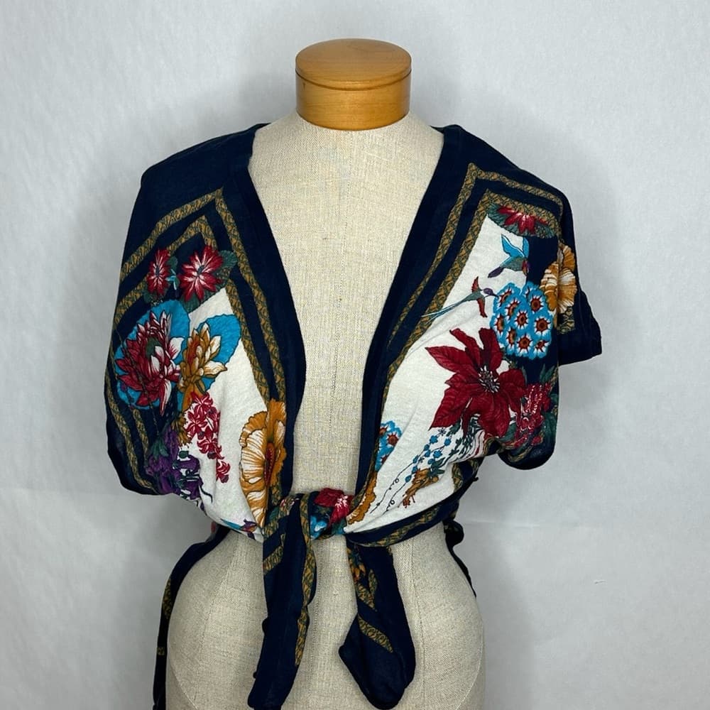 Moth for Anthropologie Navy Floral Boho Tie Scarf Print Kimono Top Size M/L - Thumbnail 13