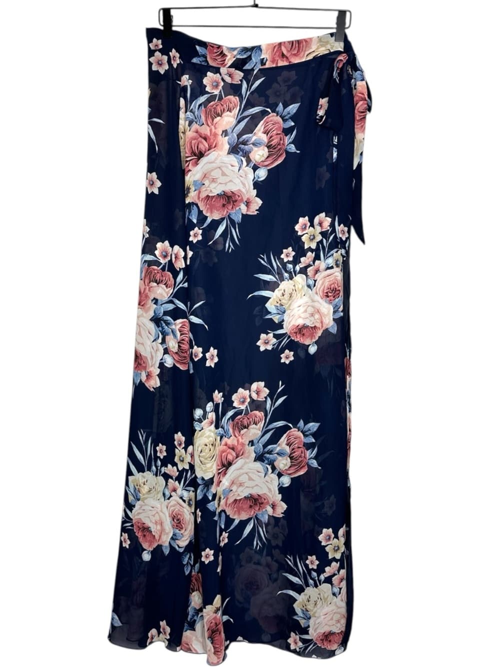Want My Look Navy Floral Wrap Maxi Skirt Sheer Large Coastal Vacation Resortwear - Thumbnail 7