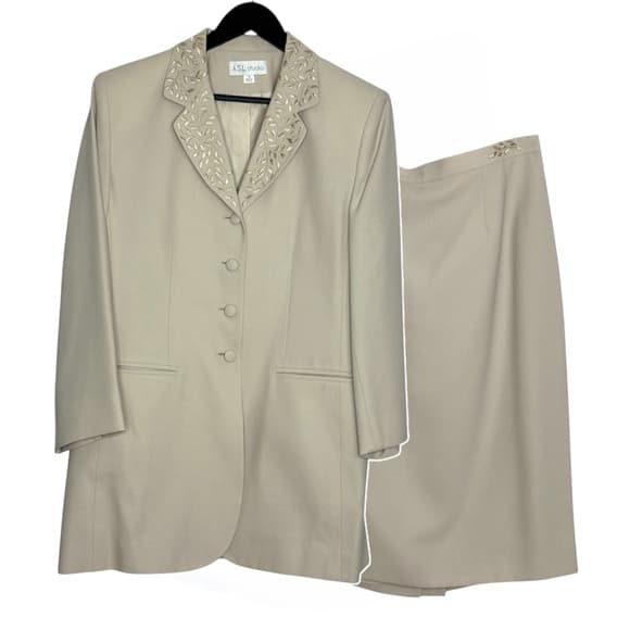 A.S.L. Studio Beige Blazer Skirt Suit Set Vintage Size 14 Formal Mother of Bride - Thumbnail 16