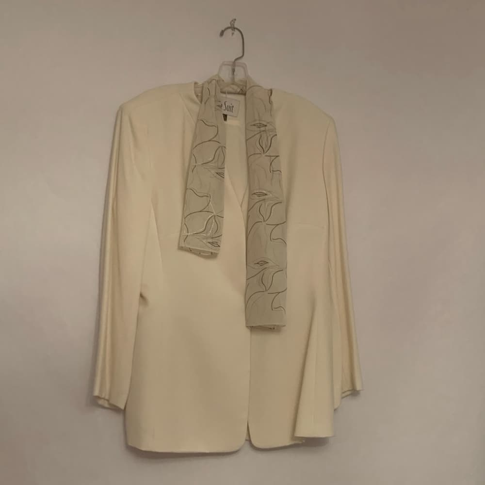 Le Suit 3 Piece Suit Set Vintage Jacket Skirt Scarf Off White Size 14 Officecore