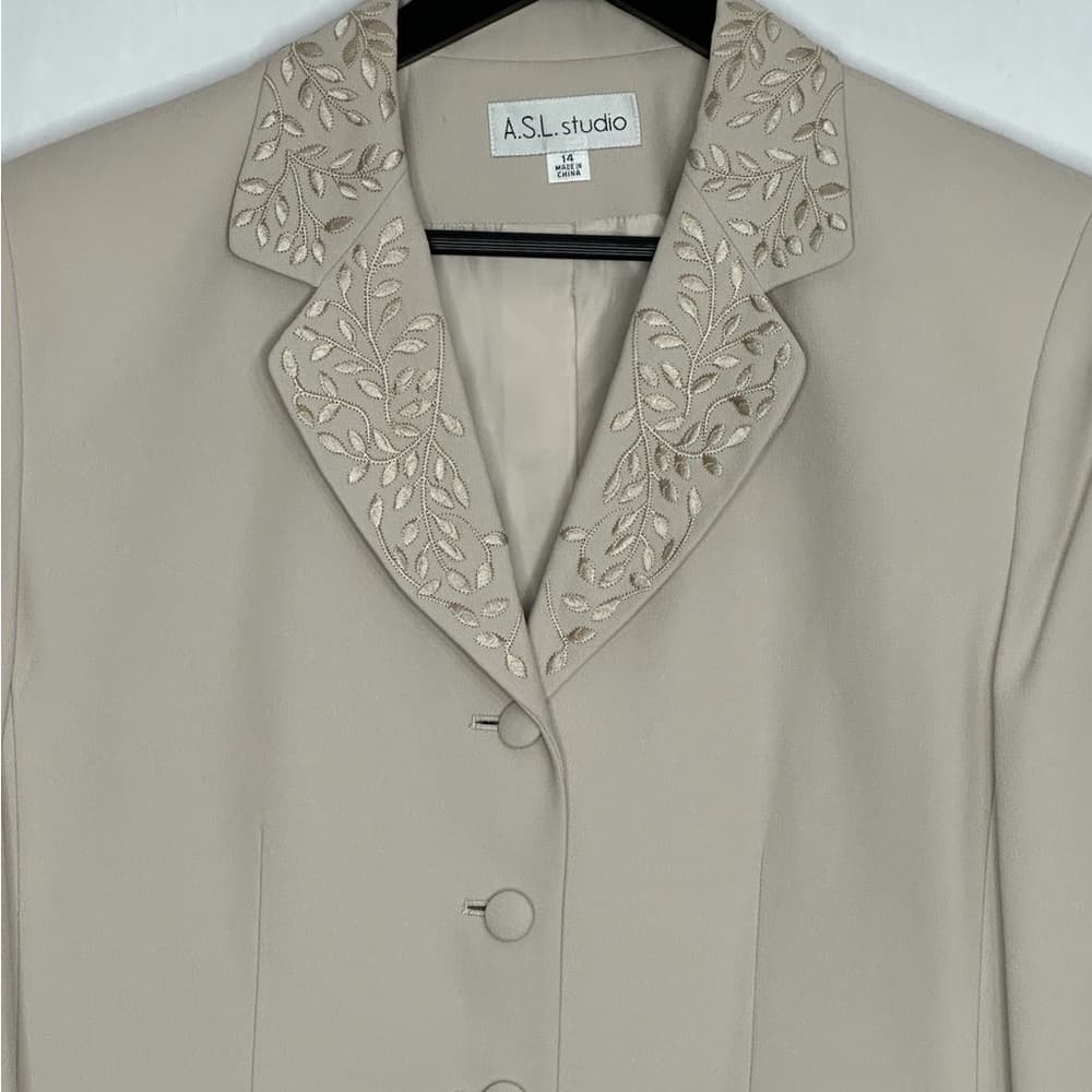 A.S.L. Studio Beige Blazer Skirt Suit Set Vintage Size 14 Formal Mother of Bride - Thumbnail 2