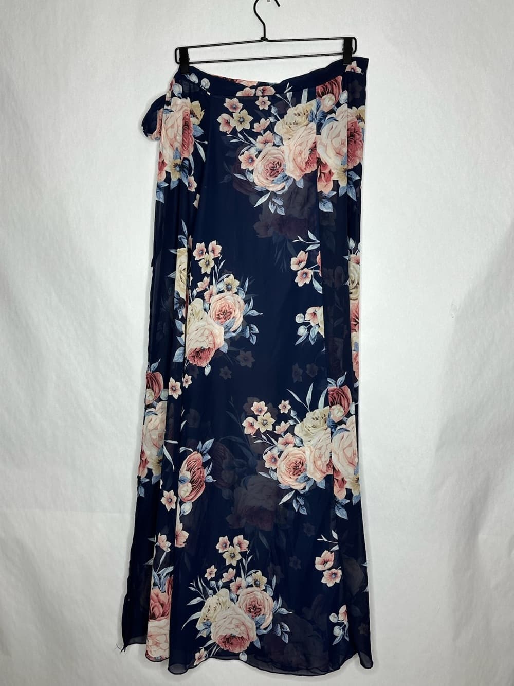 Want My Look Navy Floral Wrap Maxi Skirt Sheer Large Coastal Vacation Resortwear - Thumbnail 5