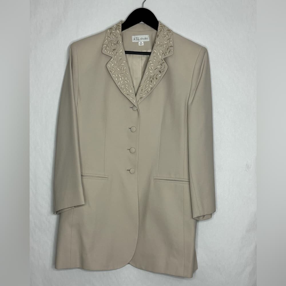 A.S.L. Studio Beige Blazer Skirt Suit Set Vintage Size 14 Formal Mother of Bride