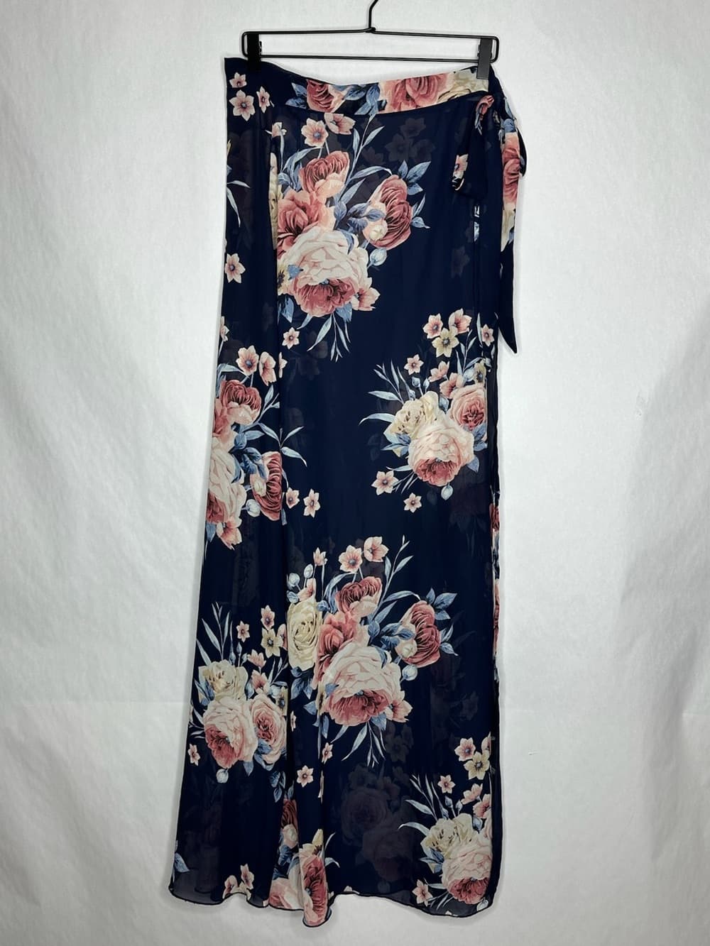 Want My Look Navy Floral Wrap Maxi Skirt Sheer Large Coastal Vacation Resortwear - Thumbnail 2