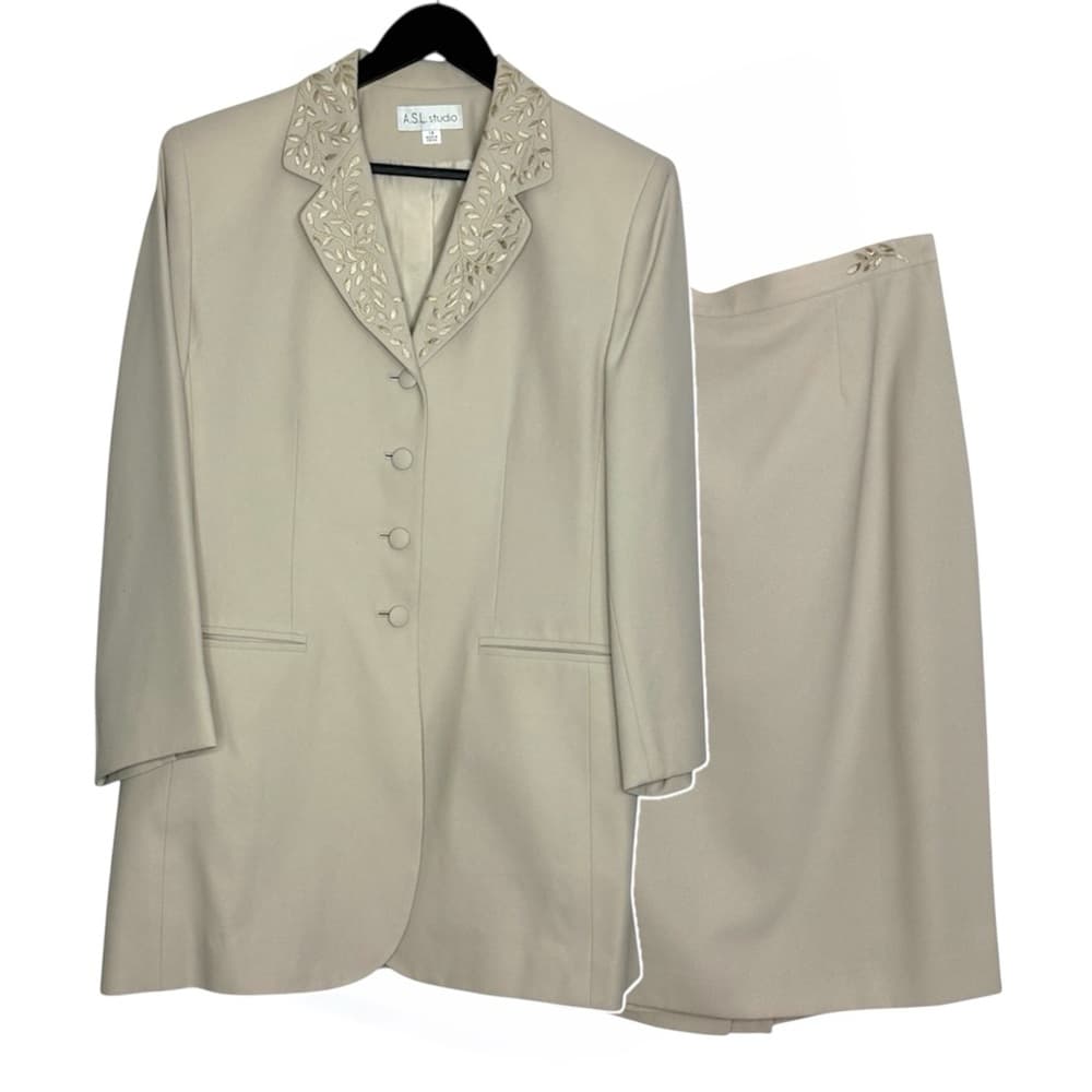 A.S.L. Studio Beige Blazer Skirt Suit Set Vintage Size 14 Formal Mother of Bride - Thumbnail 15