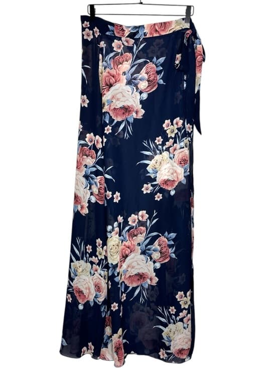 Want My Look Navy Floral Wrap Maxi Skirt Sheer Large Coastal Vacation Resortwear - Thumbnail 8