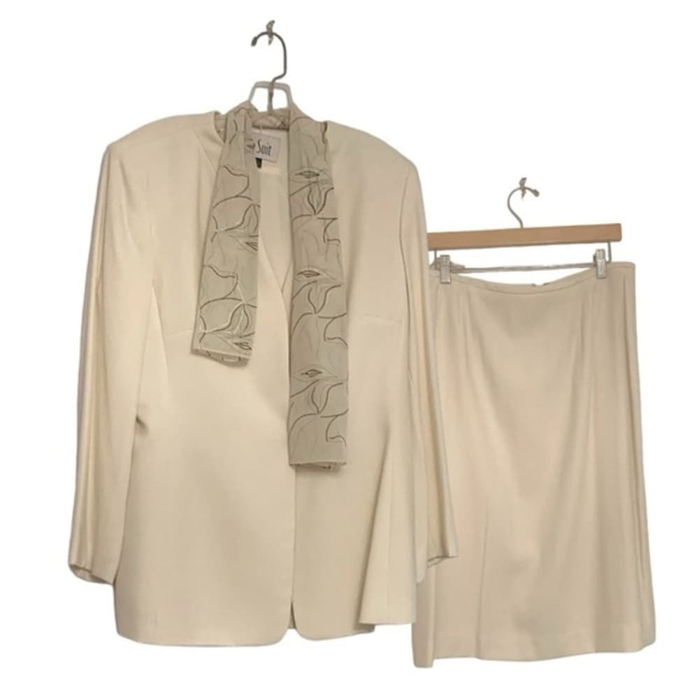 Le Suit 3 Piece Suit Set Vintage Jacket Skirt Scarf Off White Size 14 Officecore - Thumbnail 11