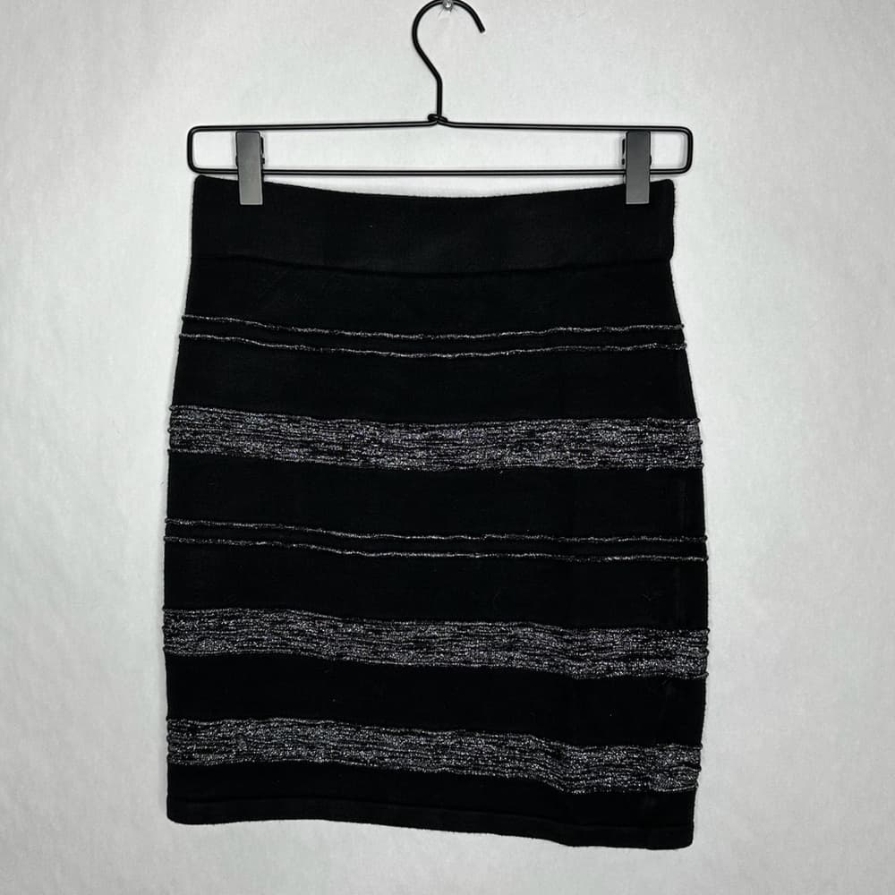 Rock & Republic Black Silver Metallic Stripe Bodycon Skirt Y2K Size Small Glam - Thumbnail 8