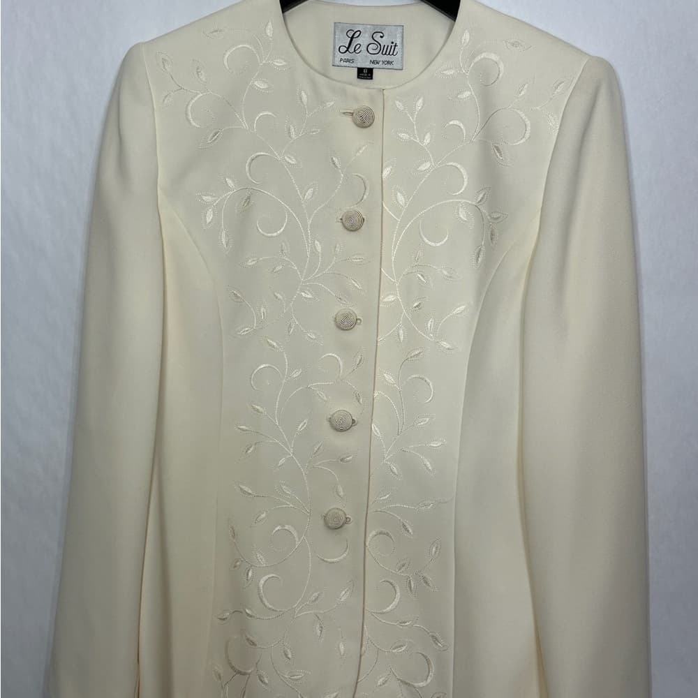 NWT Le Suit Vanilla Filigree Embroidered Blazer Skirt Suit Set Vintage Size 8 - Thumbnail 4