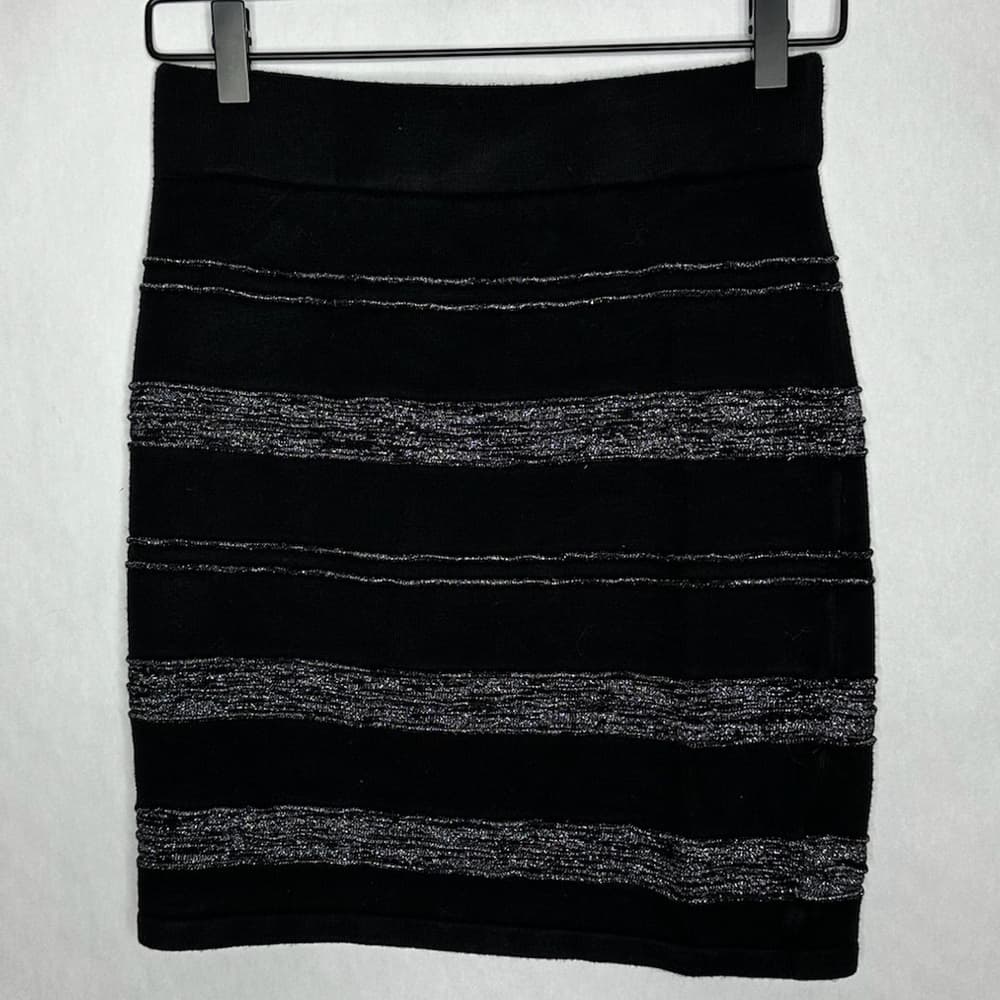 Rock & Republic Black Silver Metallic Stripe Bodycon Skirt Y2K Size Small Glam - Thumbnail 6
