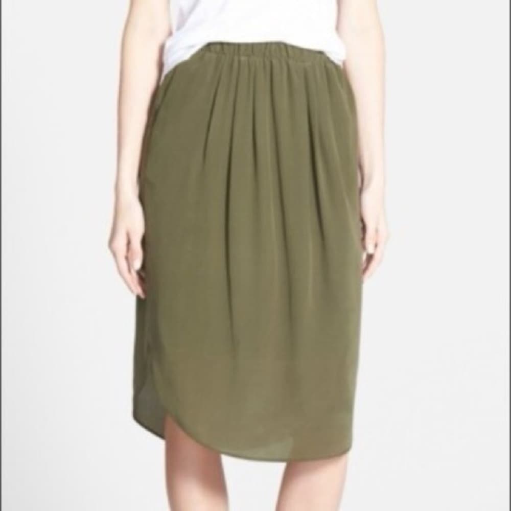 Madewell Olive Green Island Skirt 100% Silk Midi Medium Minimalist SEE NOTE