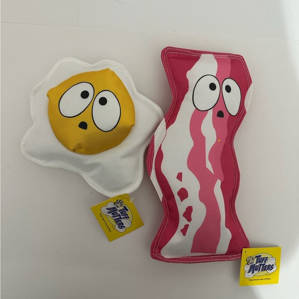 NWT Tuff Mutters Bacon and Egg Dog Toys Set of 2 Durable Plush Squeaky Pet Chews - Thumbnail 11