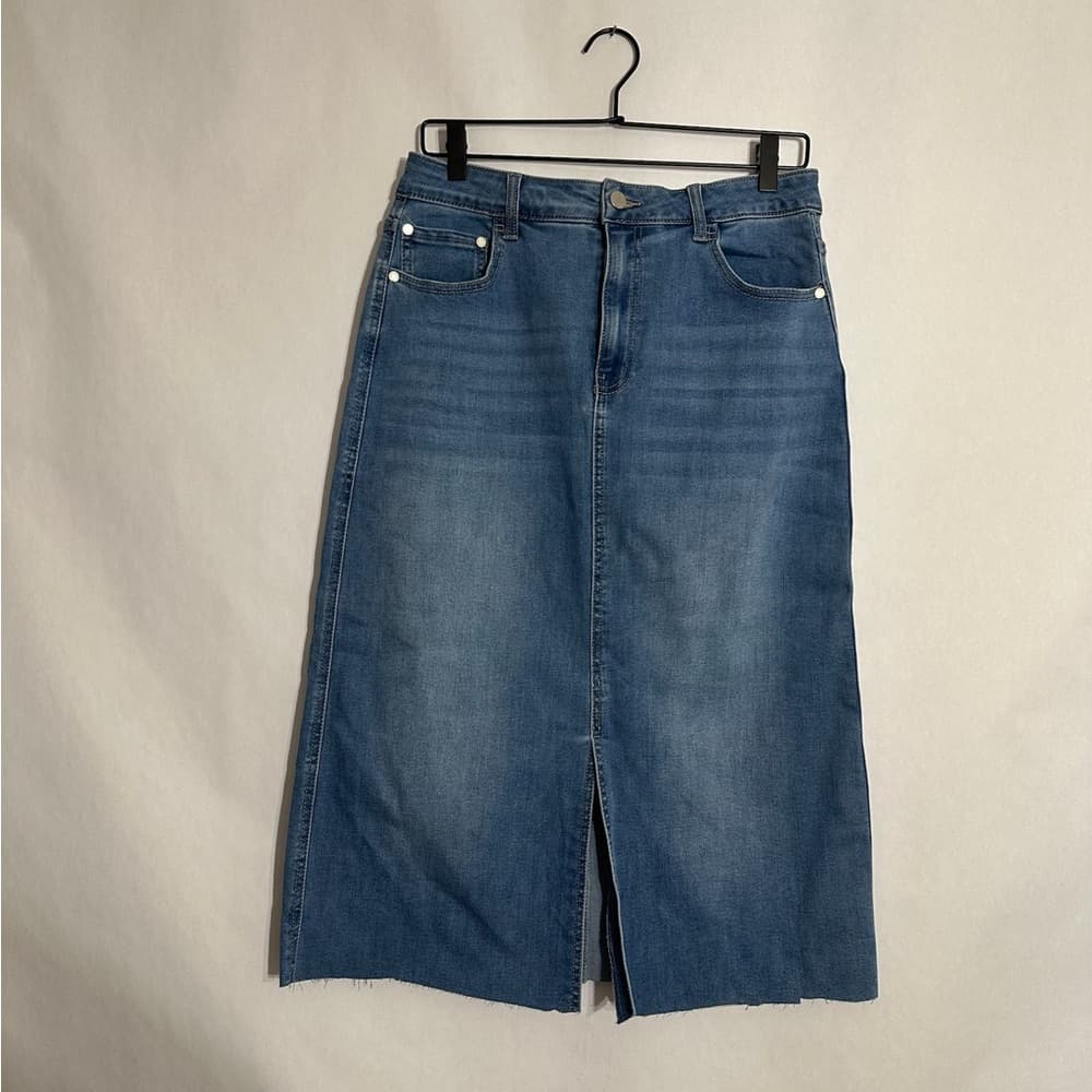 OAT New York Blue Denim Midi Skirt with Front Slit Size 10/30 Classic Preppy