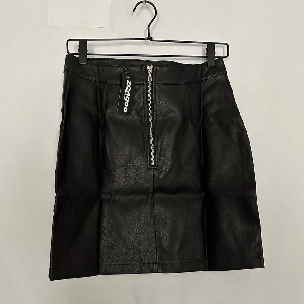 NWT Zeagoo Faux Leather High Waist Classic Slim Bodycon Black Mini Skirt Medium - Thumbnail 8