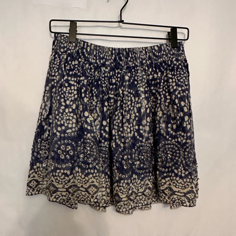 Zara Woman Embellished Blue Mini Skater Skirt Metallic Cotton Beaded Boho Medium