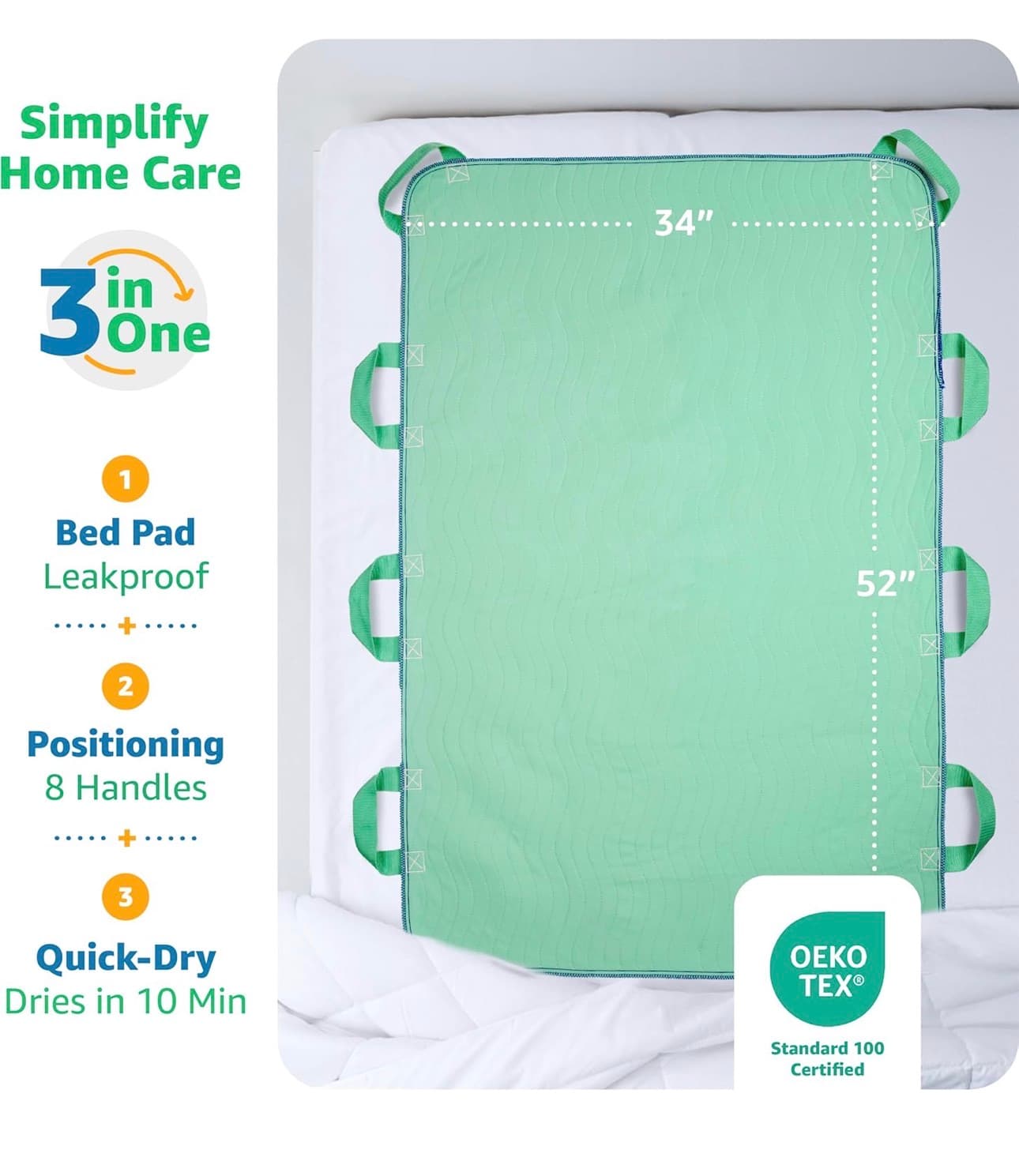 Improvia Positioning Bed Pad, with 8 Reinforced Handles, Quick-Drying, Washable, Waterproof, for Lifting, Turning, Transfering, Elderly and Incontinence Patients (Green, 34" x 52" - Pack of 1) - Thumbnail 2