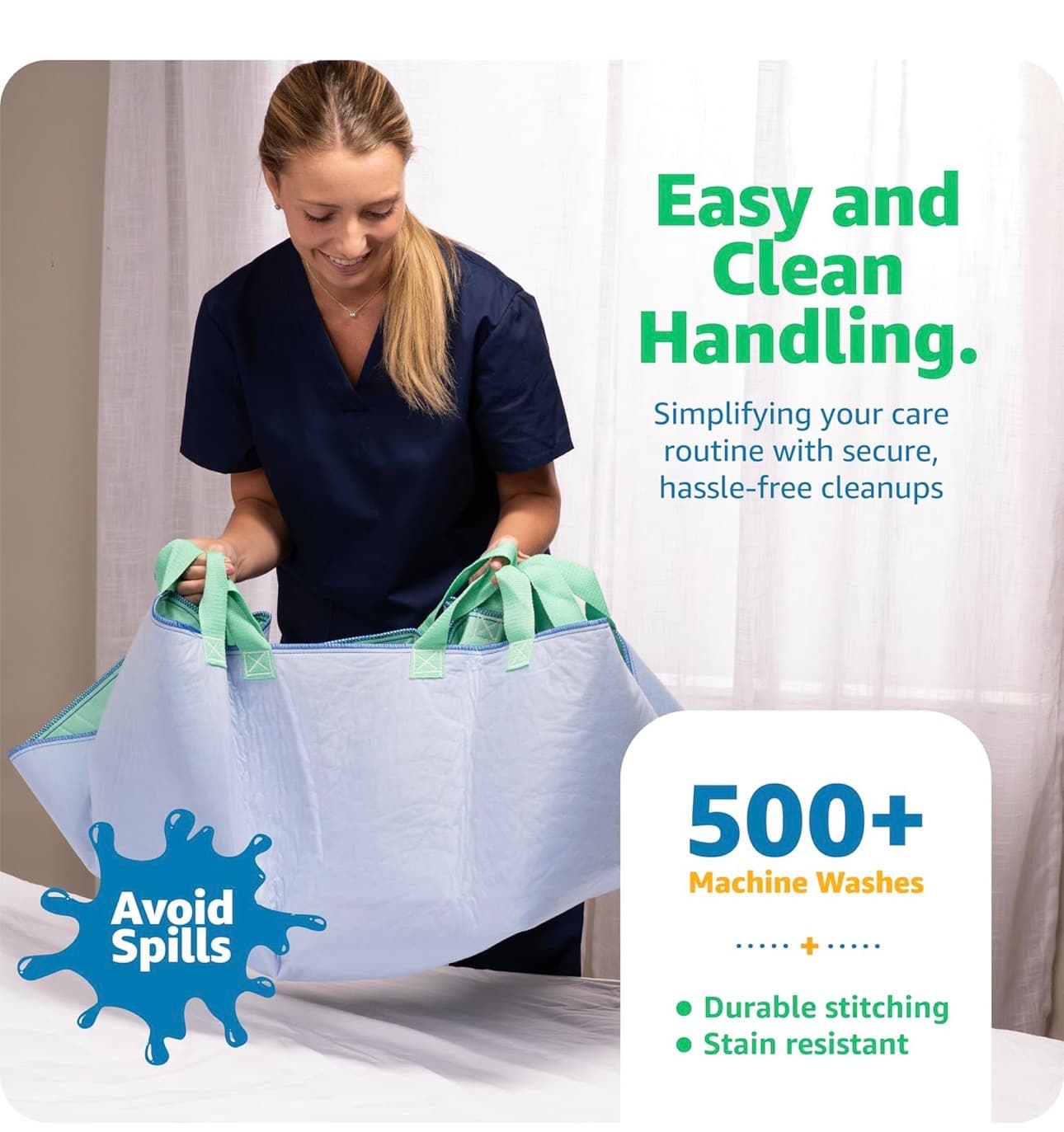 Improvia Positioning Bed Pad, with 8 Reinforced Handles, Quick-Drying, Washable, Waterproof, for Lifting, Turning, Transfering, Elderly and Incontinence Patients (Green, 34" x 52" - Pack of 1) - Thumbnail 4