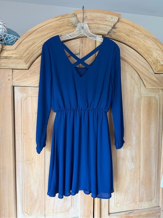 Royal Blue Long Sleeve V-Neck Dress - Thumbnail 7