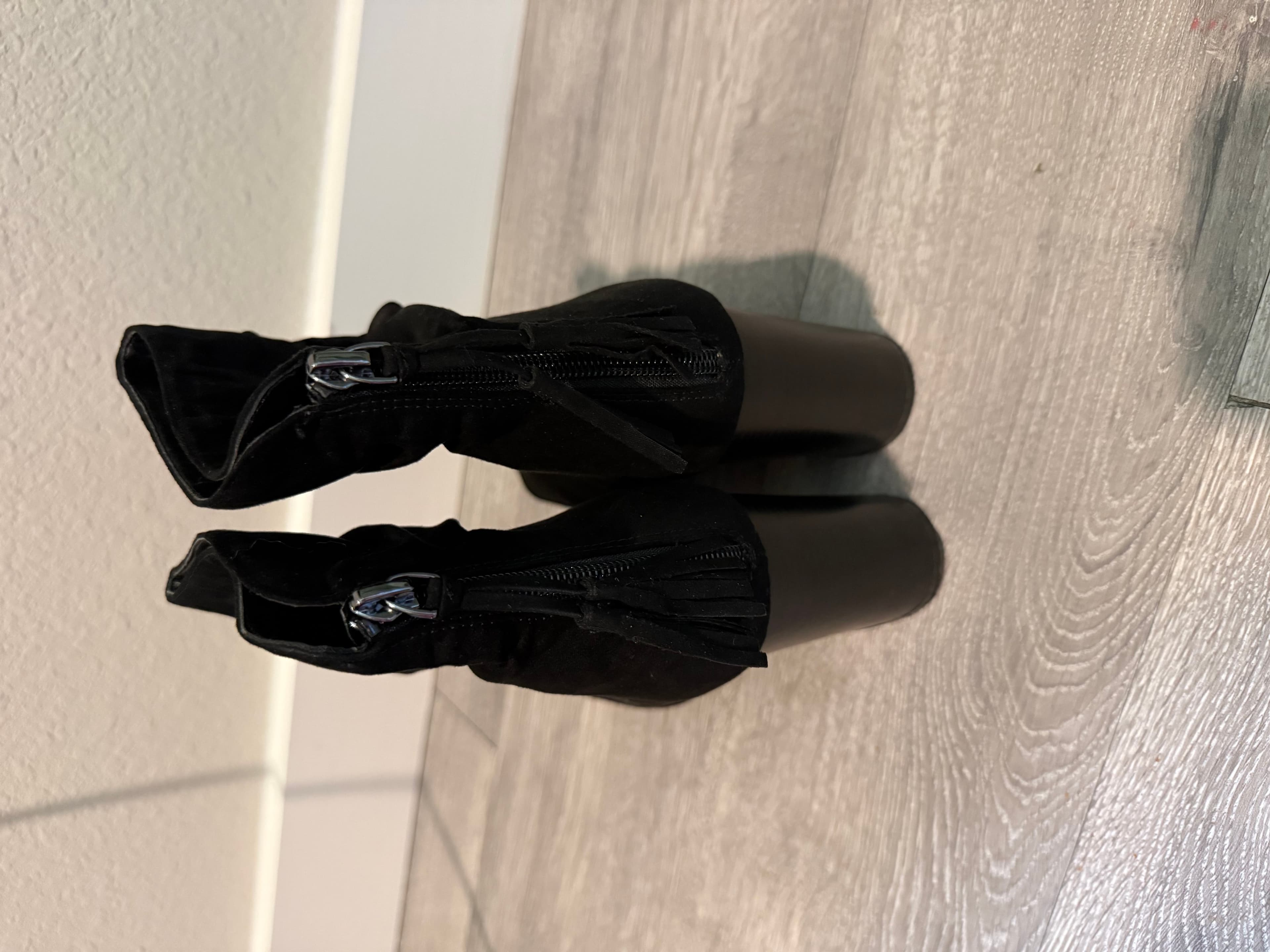 ANA Black Suede Peep Toe Ankle Boots with Block Heel - Thumbnail 2