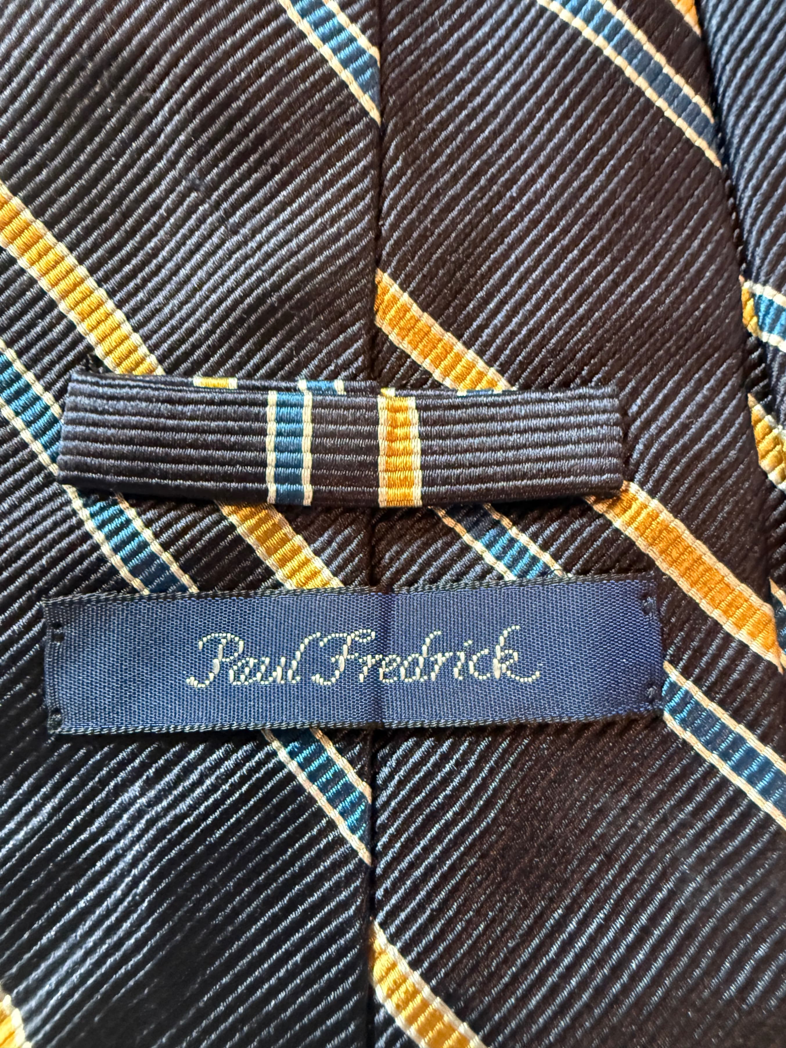Paul Fredrick Striped Silk Tie Navy Gold - Thumbnail 2