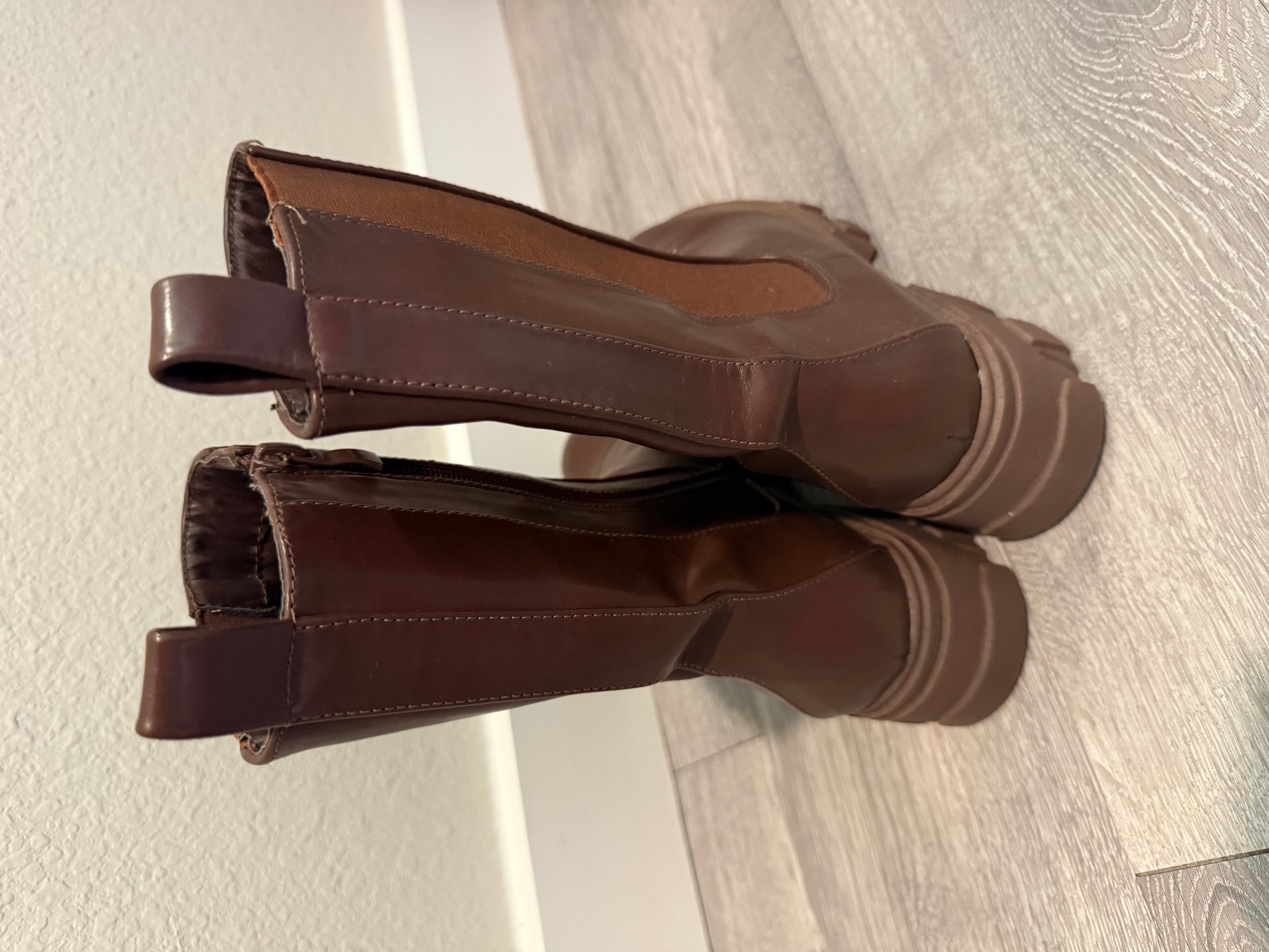 EGO Brown Leather Chunky Sole Boots with Side Zipper - Thumbnail 2
