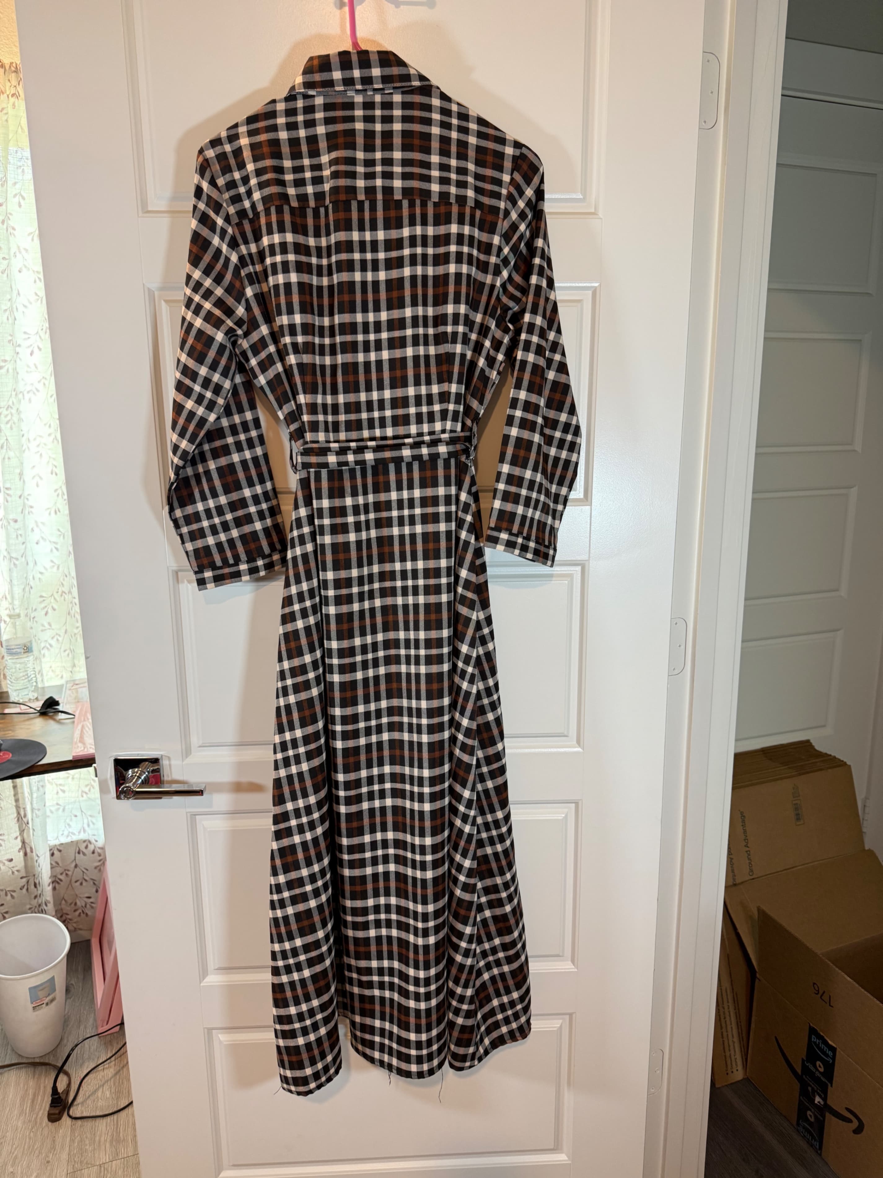 L.N.V Plaid Button-Up Long Sleeve Dress with Belt - Thumbnail 3