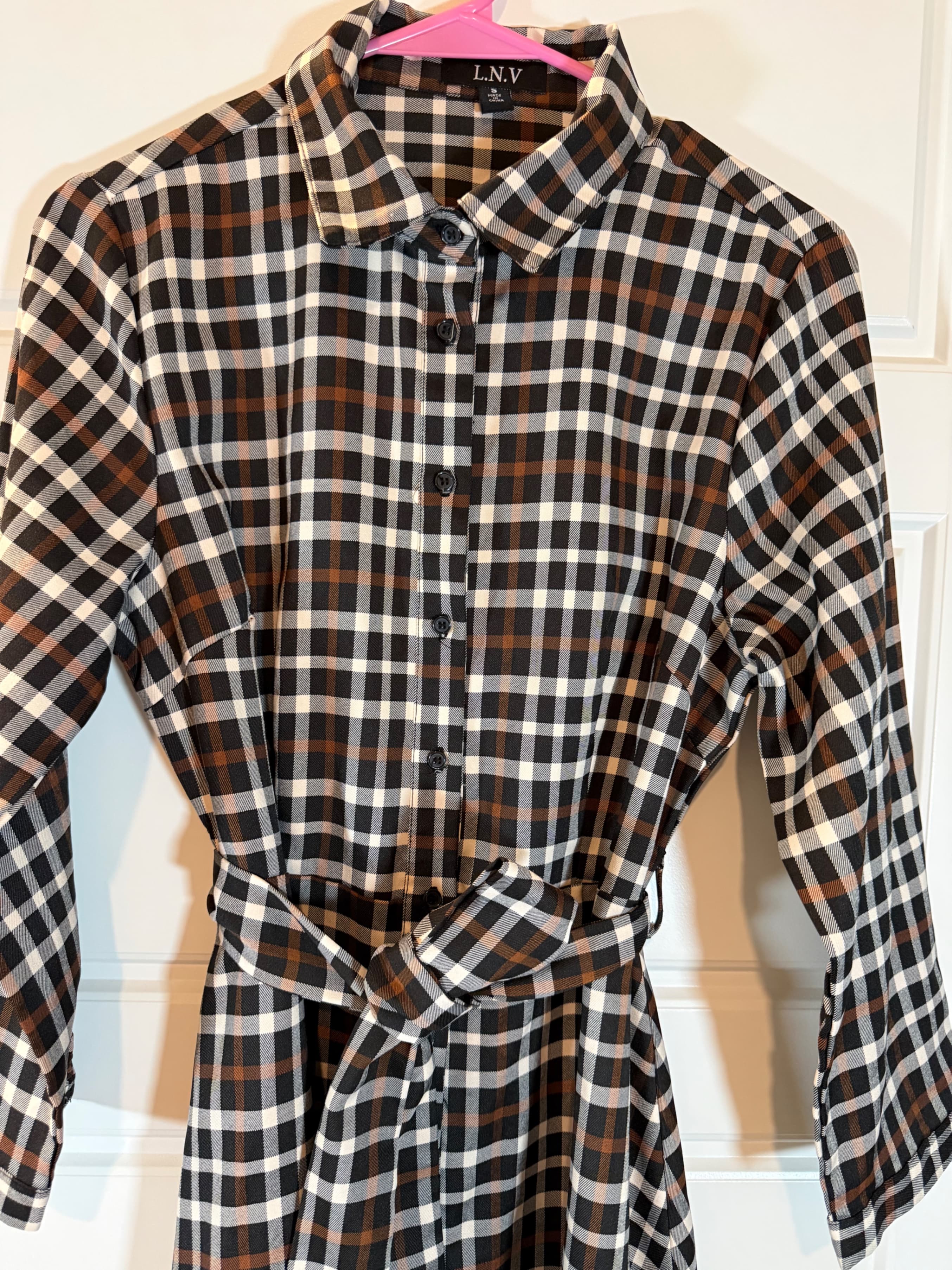 L.N.V Plaid Button-Up Long Sleeve Dress with Belt - Thumbnail 2