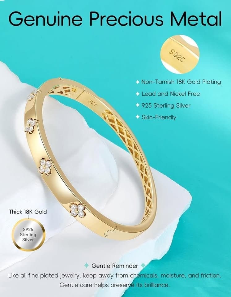 TIMELESSTAR Moissanite Four Leaf Clover Bangle 925 Silver 14K Gold Plated - Thumbnail 9