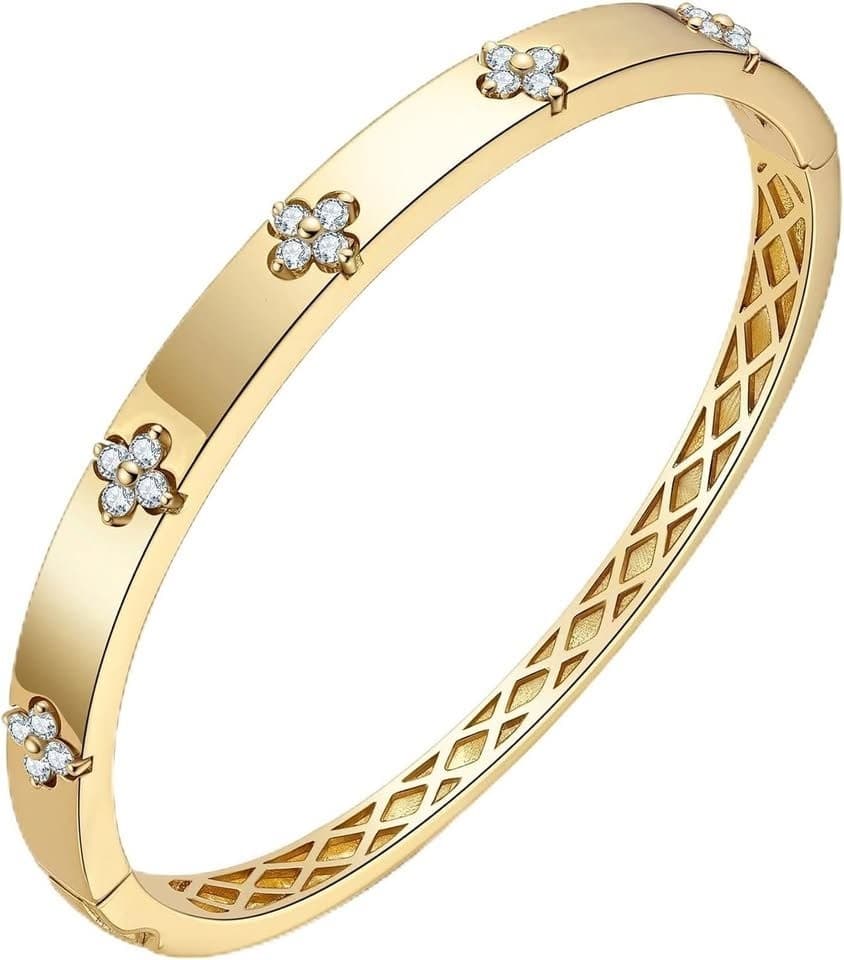 TIMELESSTAR Moissanite Four Leaf Clover Bangle 925 Silver 14K Gold Plated - Thumbnail 6
