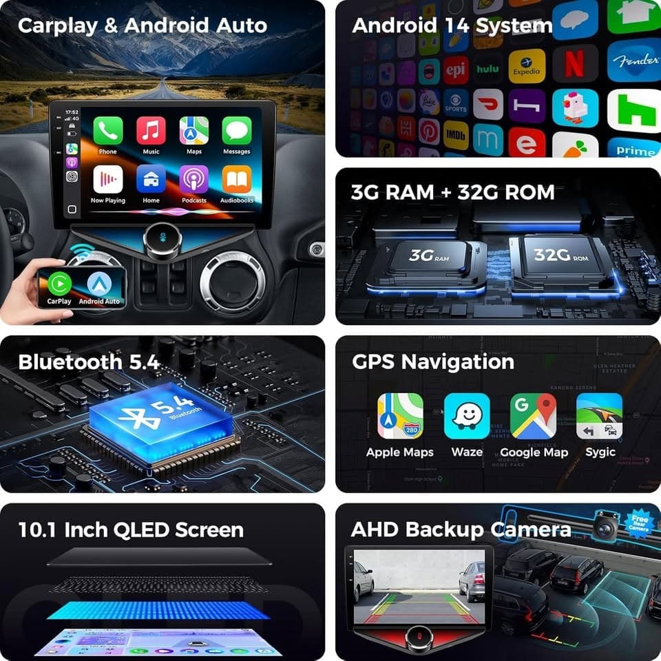 Kissound 10.1" Android 14 Car Stereo Jeep Wrangler JK CarPlay Cam - Thumbnail 9
