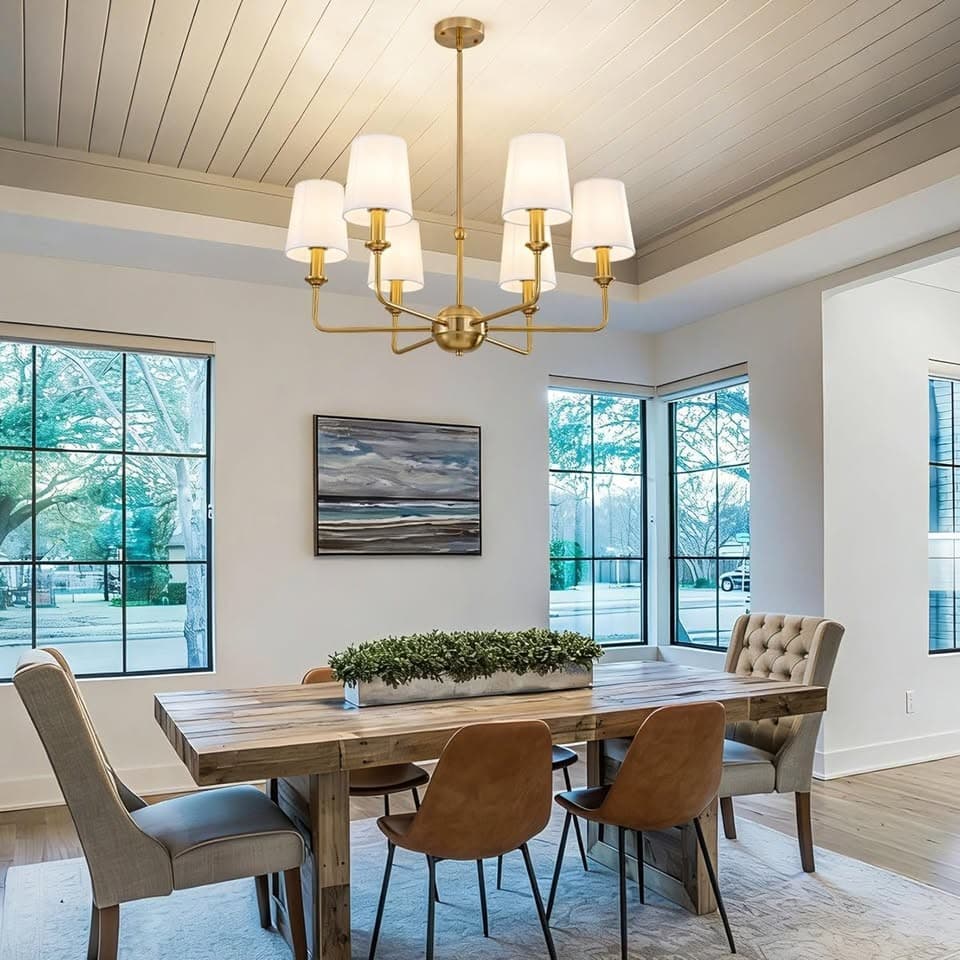 Derksic Brushed Gold 6-Light Chandelier with White Fabric Shades - Thumbnail 8