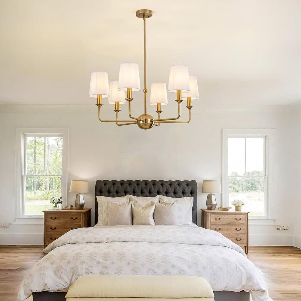 Derksic Brushed Gold 6-Light Chandelier with White Fabric Shades - Thumbnail 9
