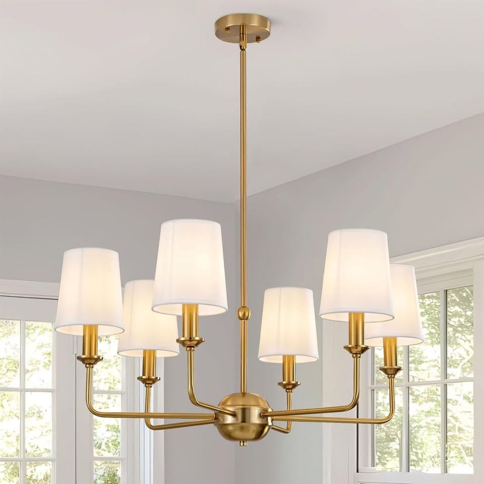 Derksic Brushed Gold 6-Light Chandelier with White Fabric Shades - Thumbnail 5