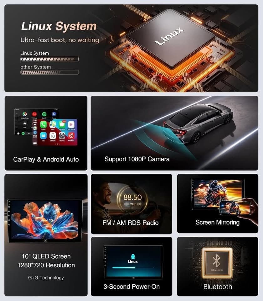 10" QLED Linux Car Stereo Jeep Wrangler JK/Dodge Ram CarPlay+Camera - Thumbnail 6