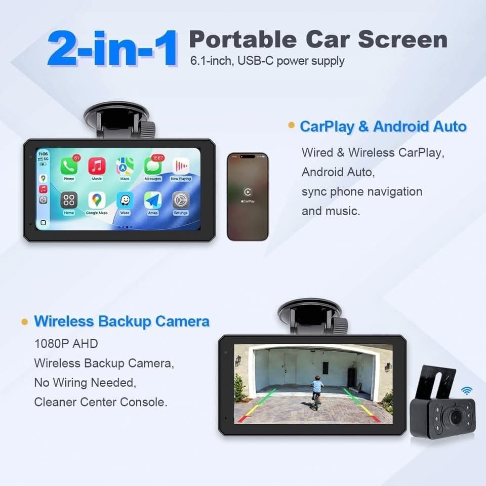 6.1" Portable Car Screen Wireless CarPlay Android Auto 1080P Backup Camera - Thumbnail 4