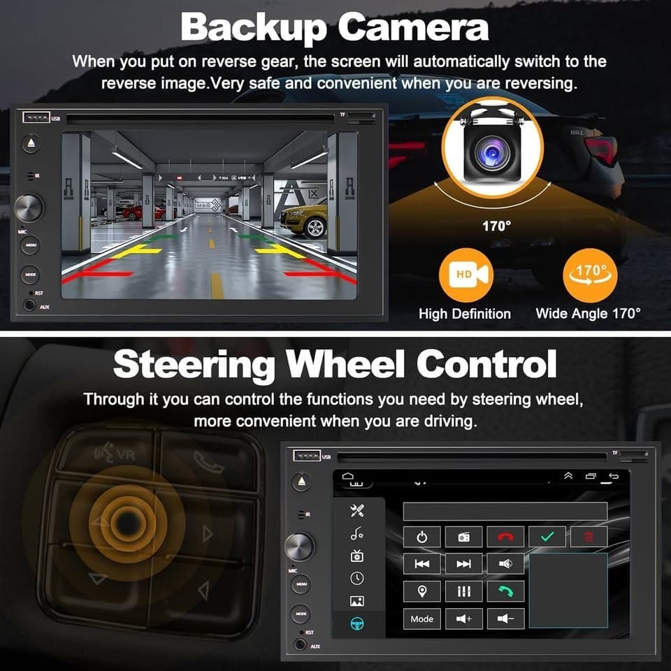 Double Din Car Stereo CD/DVD CarPlay Android Auto BT + Backup Cam - Thumbnail 8