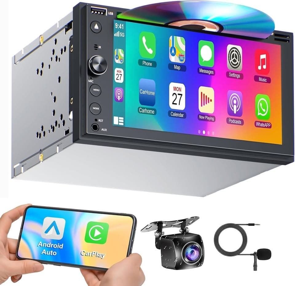 Double Din Car Stereo CD/DVD CarPlay Android Auto BT + Backup Cam - Thumbnail 5